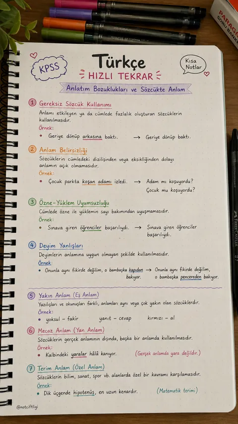 KPSS Türkçe hızlı tekrar notu: anlatım bozuklukları ve sözcükte anlam konuları, örnek cümlelerle